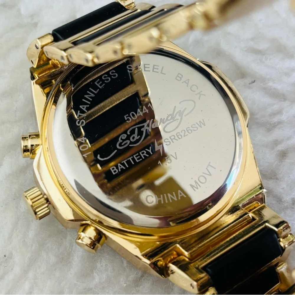 Ed Hardy Gold/Black belt Men's Chronograph Green Dial Black bezel Watch in box